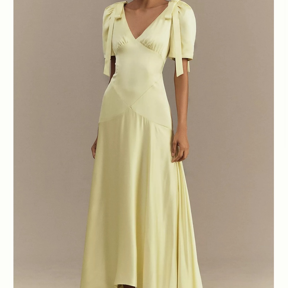 Anthropologie Pale Yellow Maxi Dress with Bow Sleeve Detail